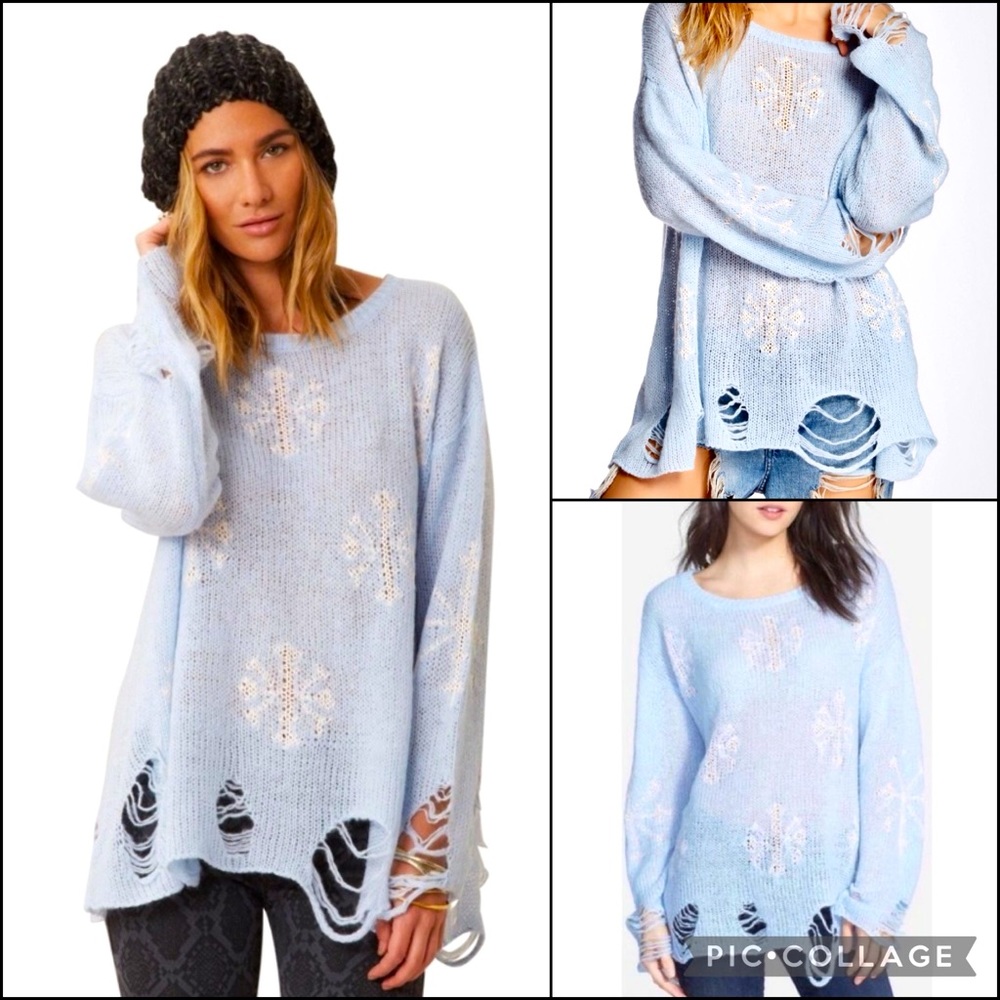 WILDFOX Wool Blend Pastel Blue Distressed White Snowflake Sweater